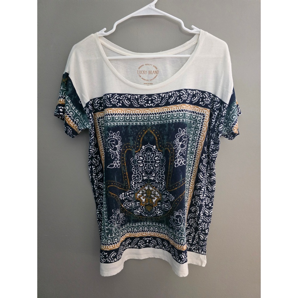 Lucky Brand Womens Hamsa Mandala Graphic T-Shirt Navy Cream Boho Top Medium